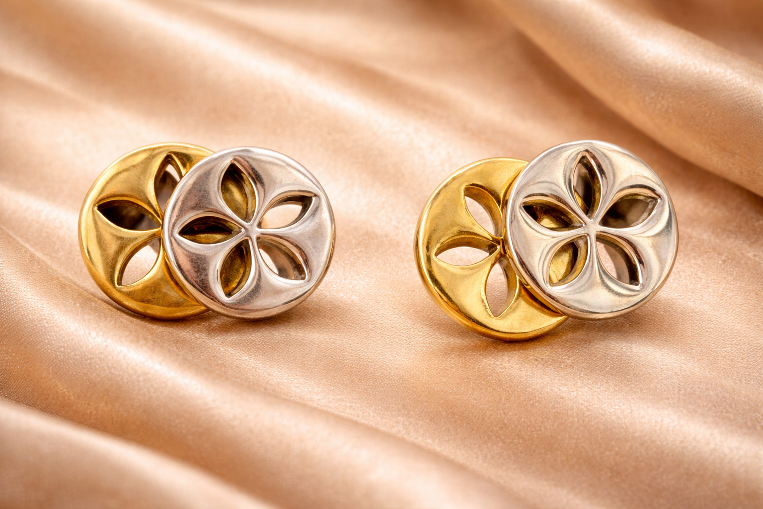 Dual-Tone Movable Floral Stud Earrings | Silver & Gold Interlocked Design