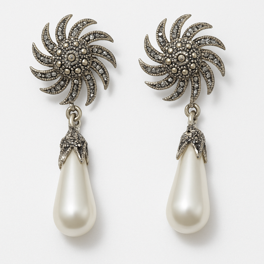 Vintage Pearl Drop Earrings with Marcasite Sunburst Stud