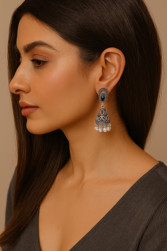 Antique Blue Stone & Pearl Dome Drop Earrings