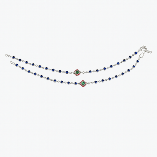 Sterling Silver Dual-Line Blue & Green Stone Anklets