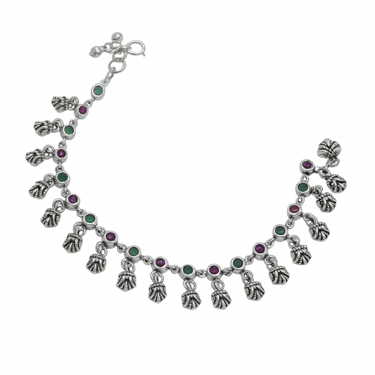 Sterling Silver Anklet with Blue & Green CZ Accent
