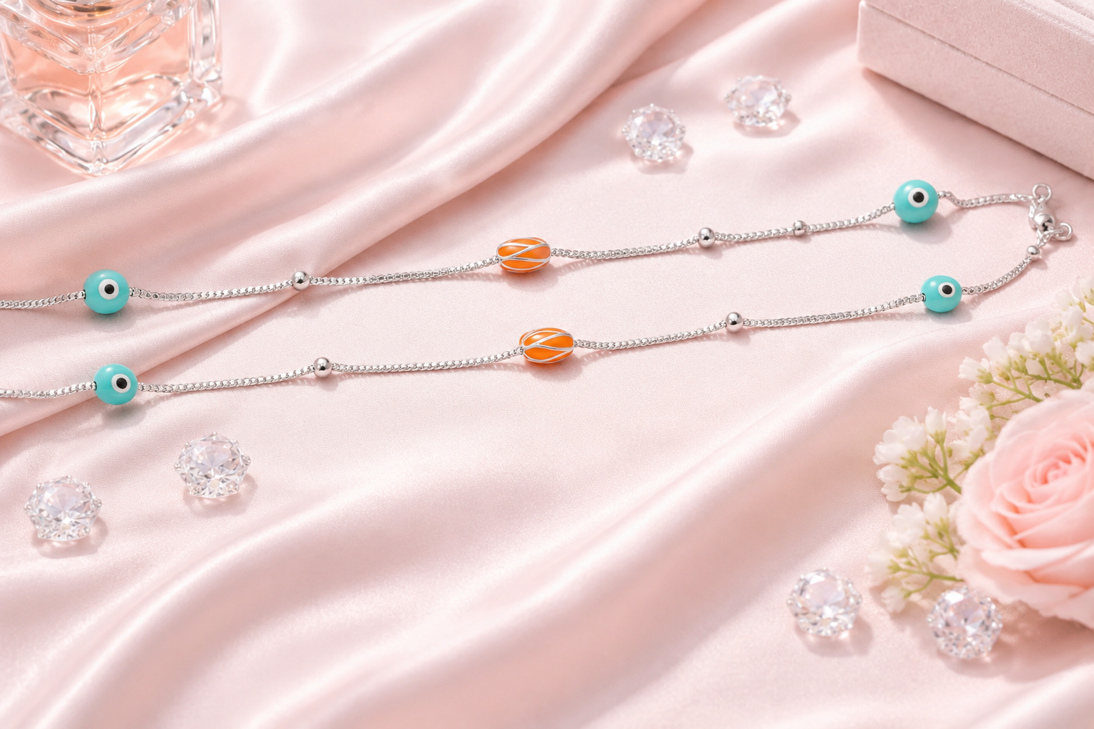 Evil Eye and Orange Bead Charm Anklet