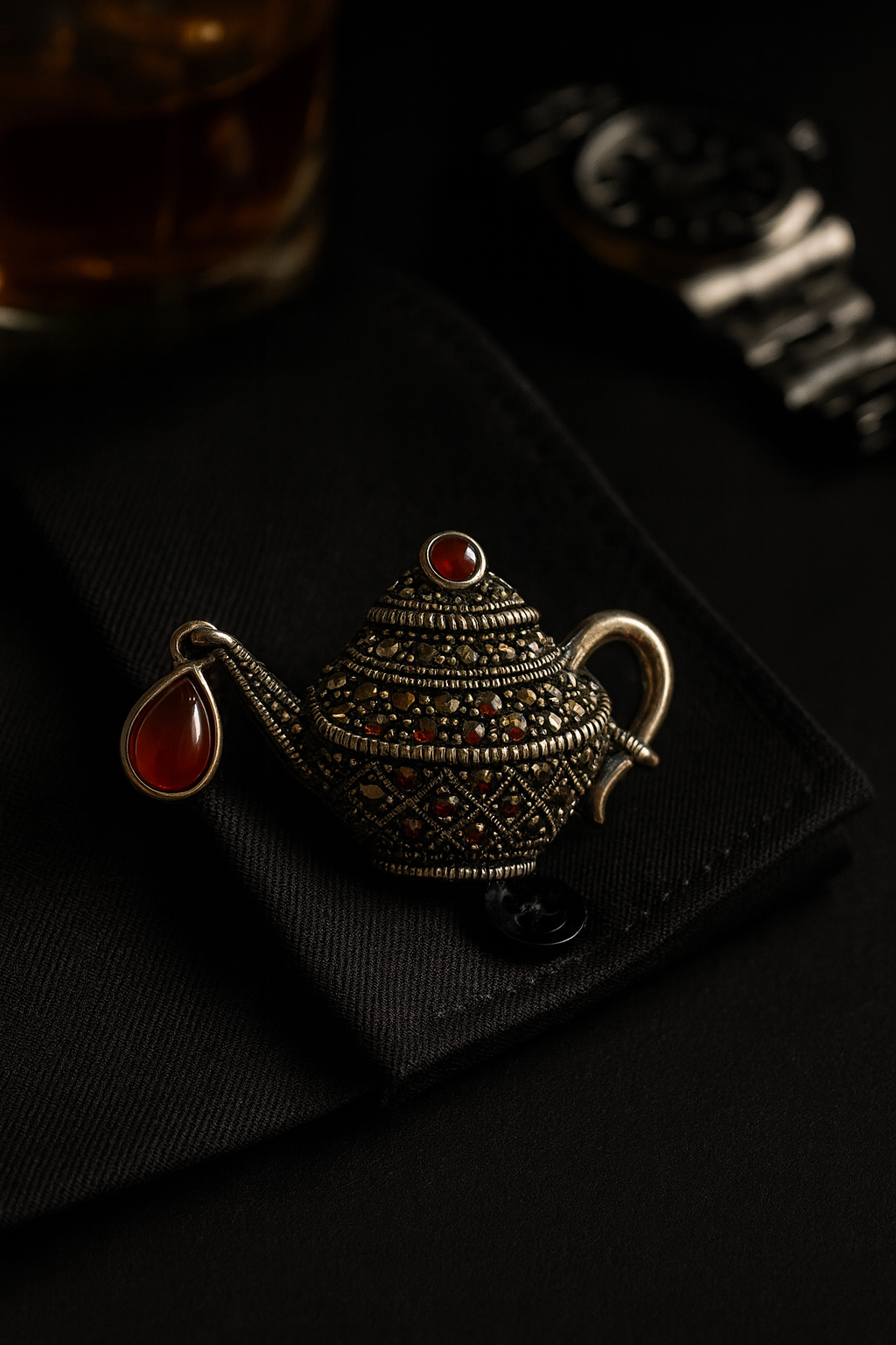 Vintage Teapot Brooch with Red Gemstone Drops