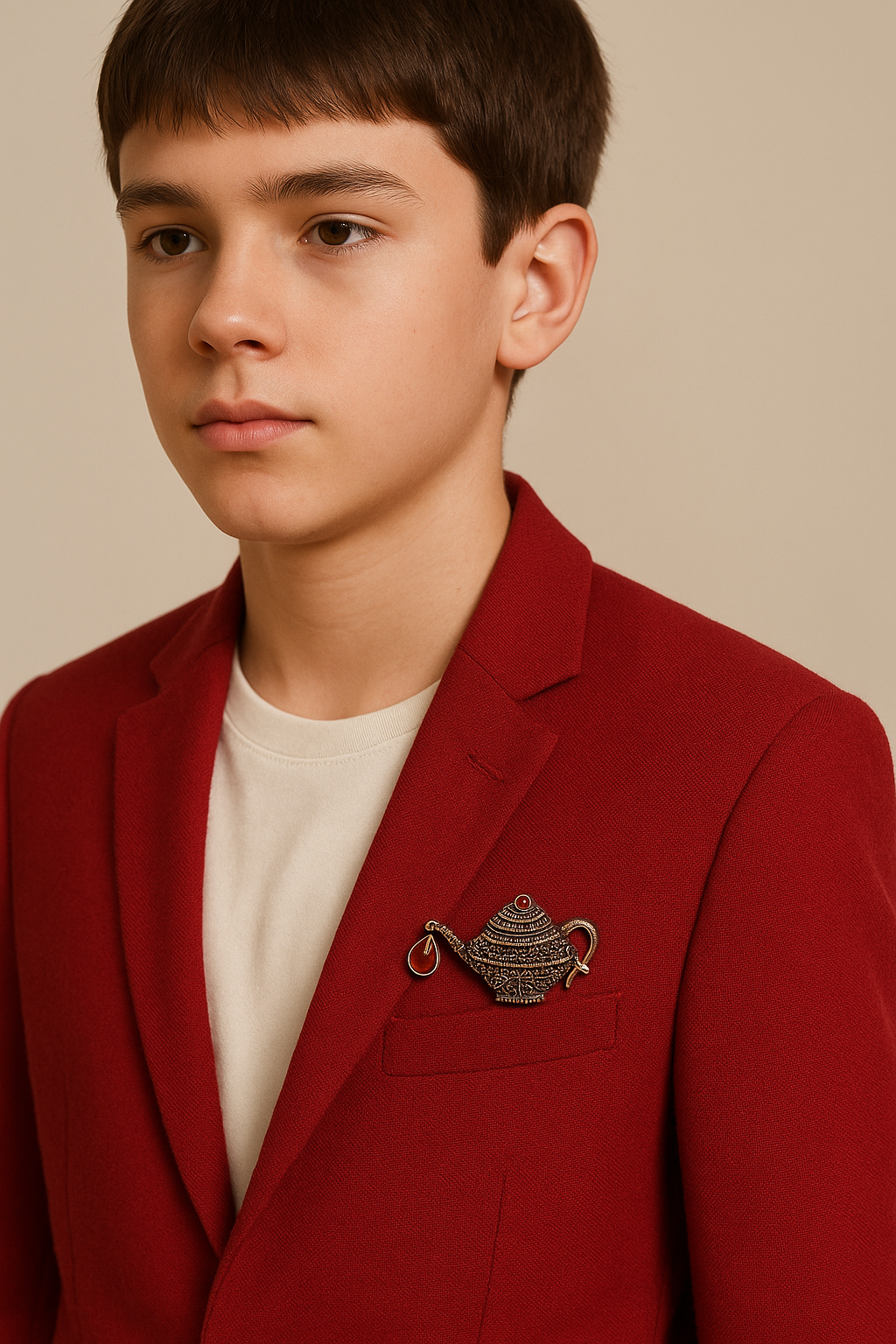 Vintage Teapot Brooch with Red Gemstone Drops