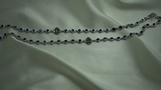 Sterling Silver Dual-Line Blue & Green Stone Anklets