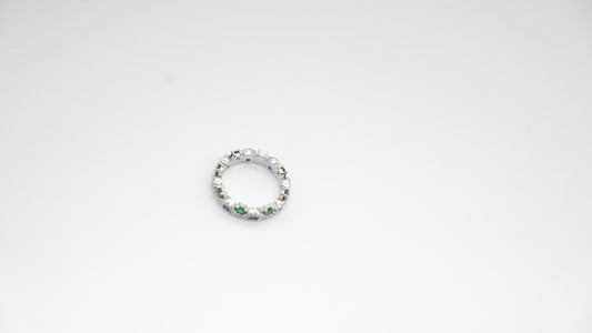 Sterling Silver Eternity Band Ring with Green & White Stones