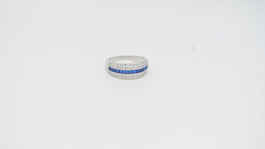 Sterling Silver Ring with Blue Baguette and White Zircon Stones
