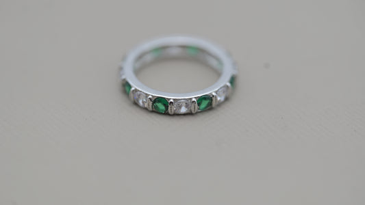 Silver Eternity Ring with Emerald Green and Diamond-Cut CZ Stones