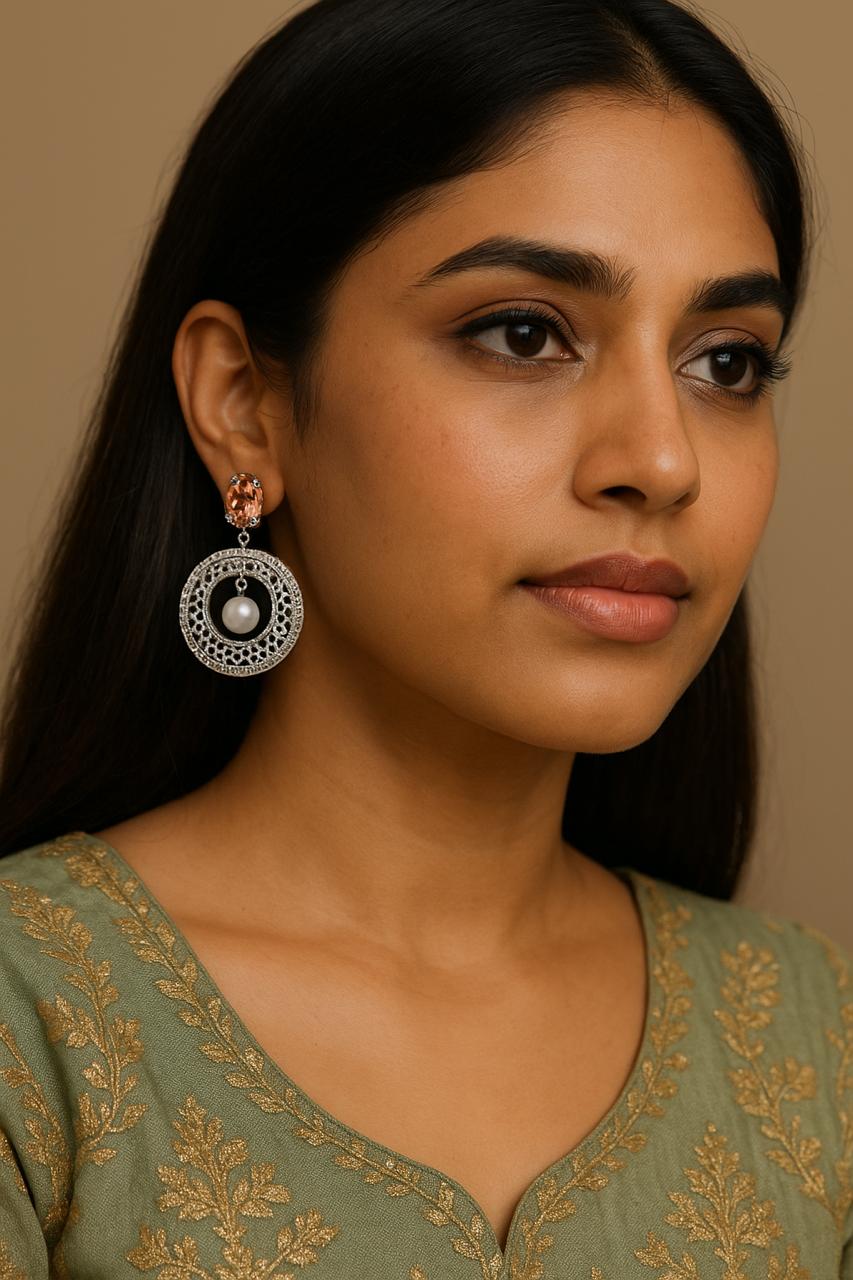 Champagne Crystal & Pearl Drop Circle Earrings