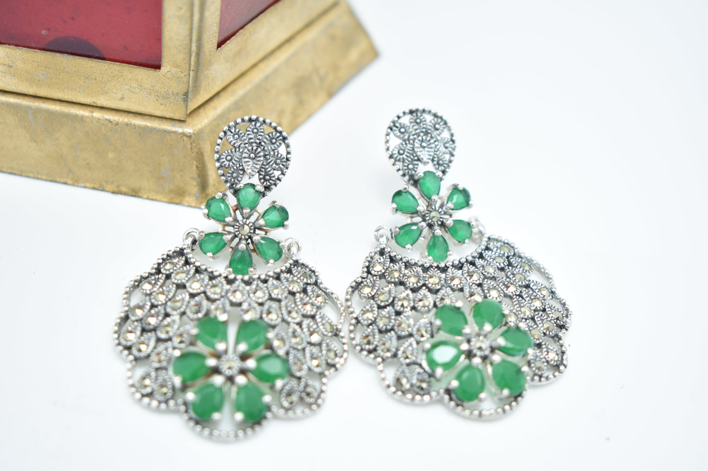 Floral Filigree Jhumka Earrings with Green Stone Petals