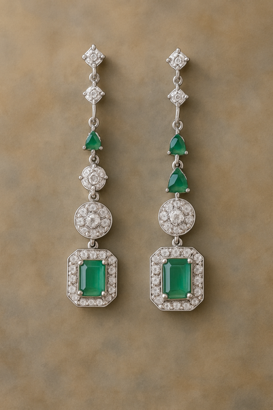 Vintage-Inspired Emerald Green Drop Earrings with Diamond Accents