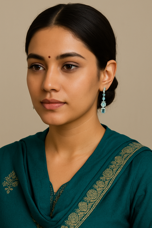 Vintage-Inspired Emerald Green Drop Earrings with Diamond Accents