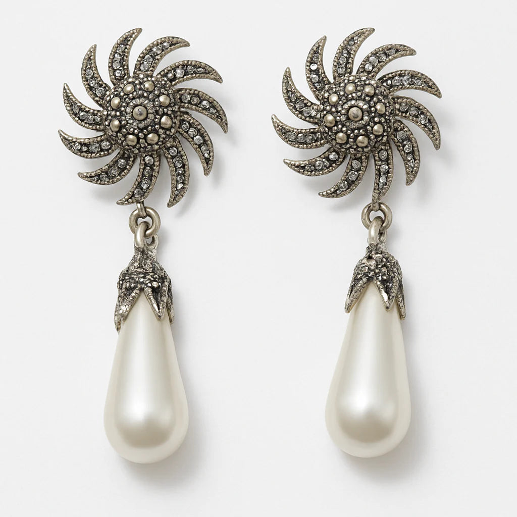 Vintage Sunburst Drop Earrings with Teardrop Pearls