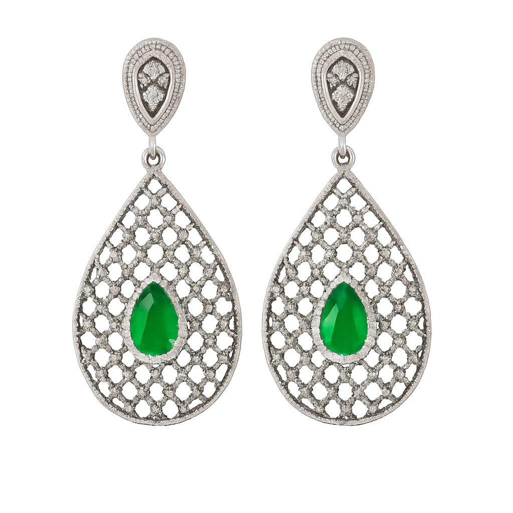 Green Teardrop Stone Chandbali Earrings
