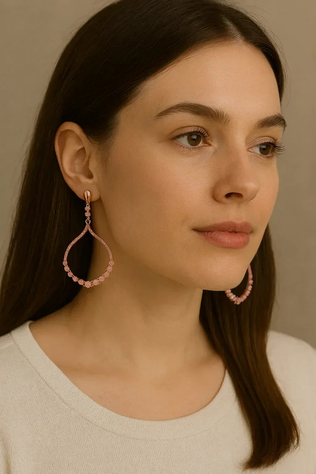 Rose Gold colored Pink Stone Hoop Danglers - Miora