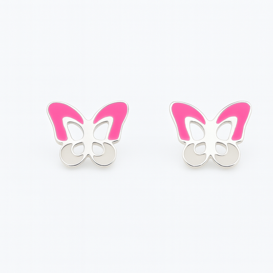Kids Teenagers White & Pink Butterfly Stud Earrings