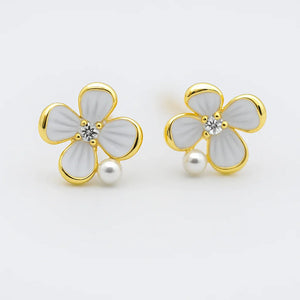 Floral Earrings | White Enamel Flower with Pearl & Zirconia Accent - Miora