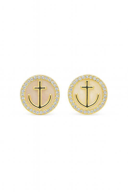 Anchor Stud Earrings | Mother of Pearl & Zirconia Border