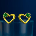 Golden Heart with Green Clover Stud Earrings - Miora