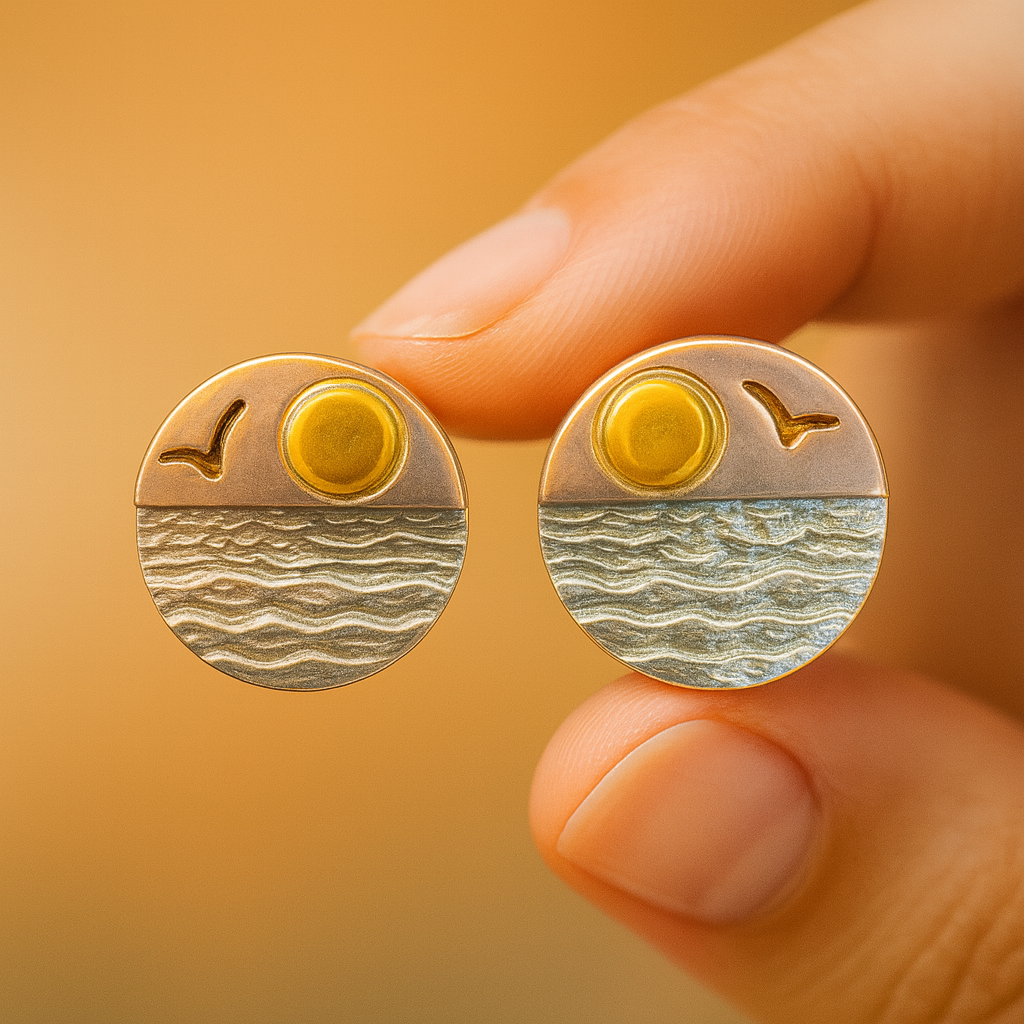 Golden Sunset Over Waves Stud Earrings | Dual-Tone Finish