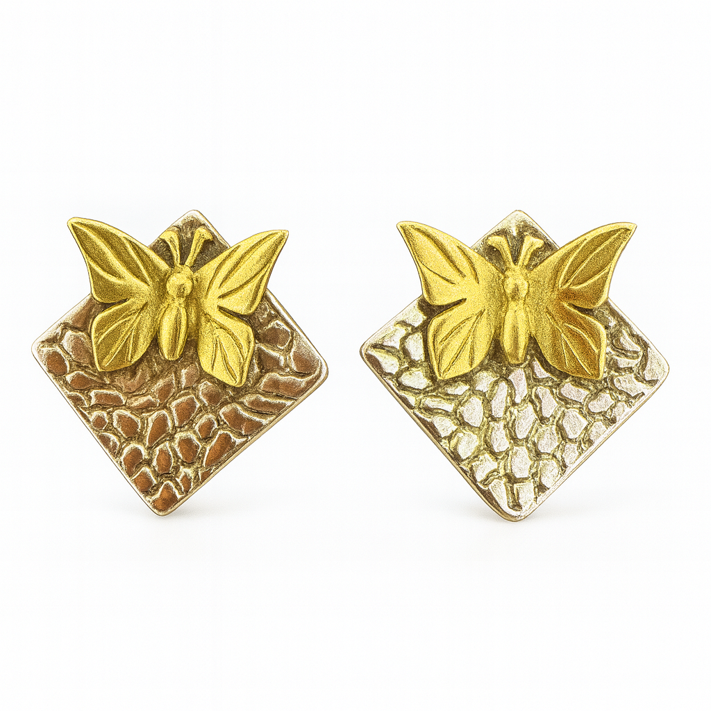 Gold Plated Butterfly Stud Earrings | Textured Dual-Tone Design