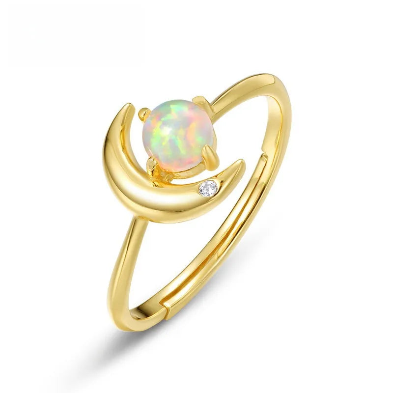Adjustable Moon & Opal Ring |10K Gold Plated Plated