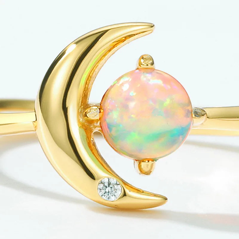 Adjustable Moon & Opal Ring |10K Gold Plated Plated