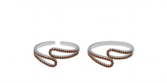 Sterling Silver Dual Wave Toe Rings with Red Gemstone Accents