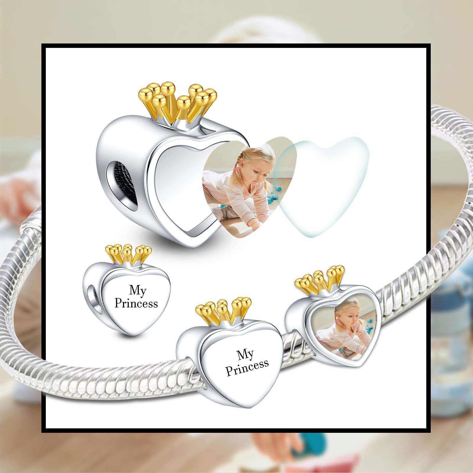 Crown Heart Photo Charm