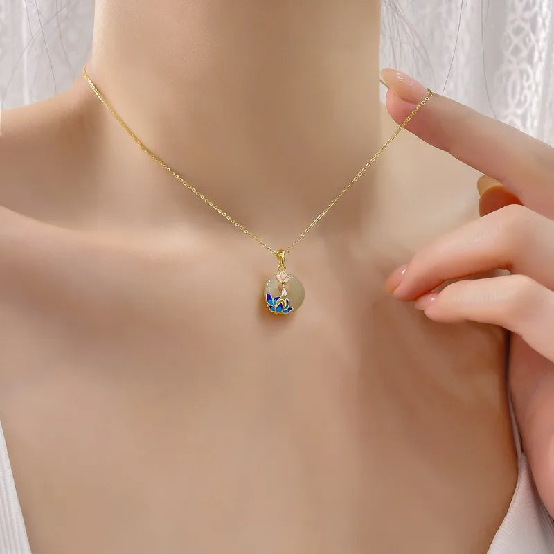 Enamel Lotus Jade Circle Pendant Necklace