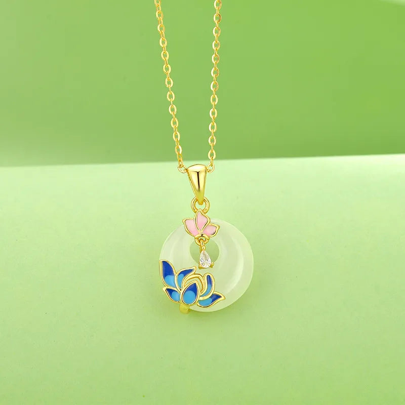 Enamel Lotus Jade Circle Pendant Necklace