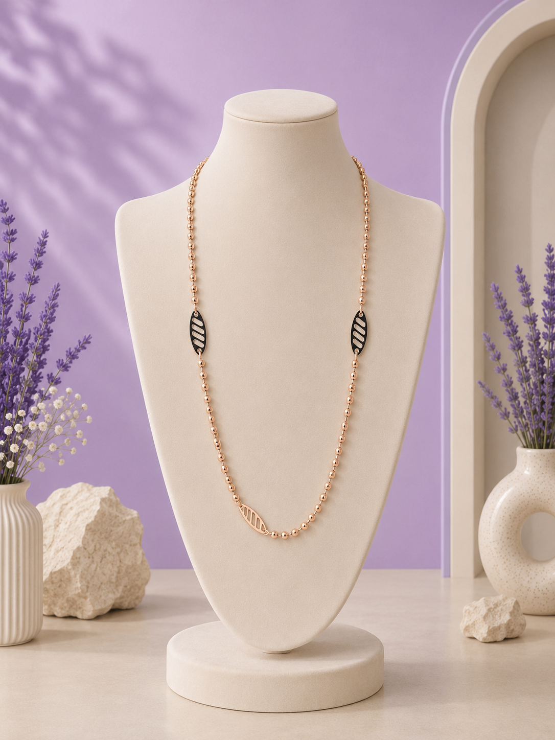 Rose Gold Beaded Chain Necklace | Dual-Tone Leaf Accents | Sterling Silver