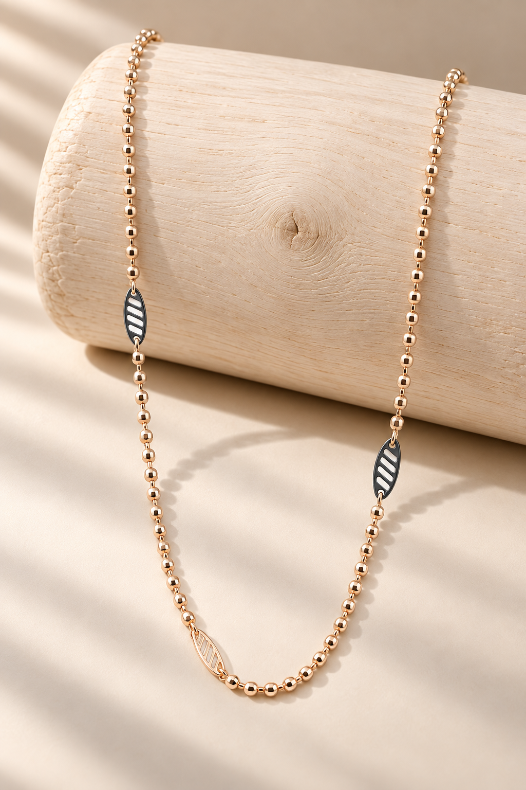 Rose Gold Beaded Chain Necklace | Dual-Tone Leaf Accents | Sterling Silver