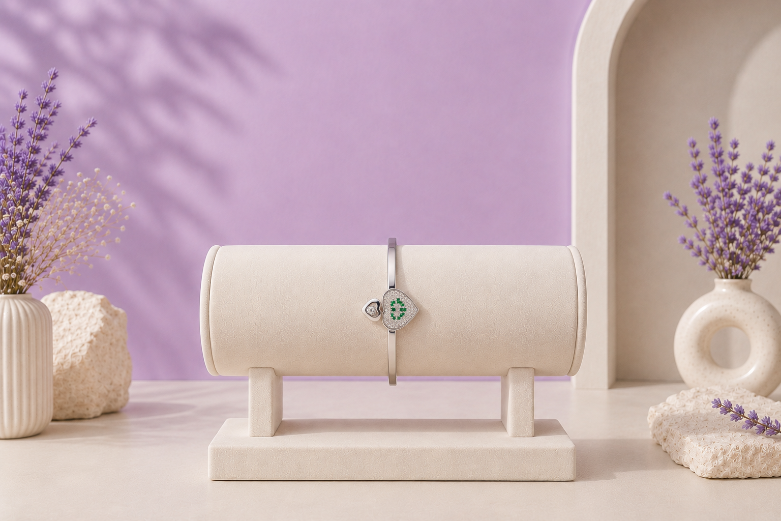 Silver Heart Duo Bangle with Green and White Stone Detailing