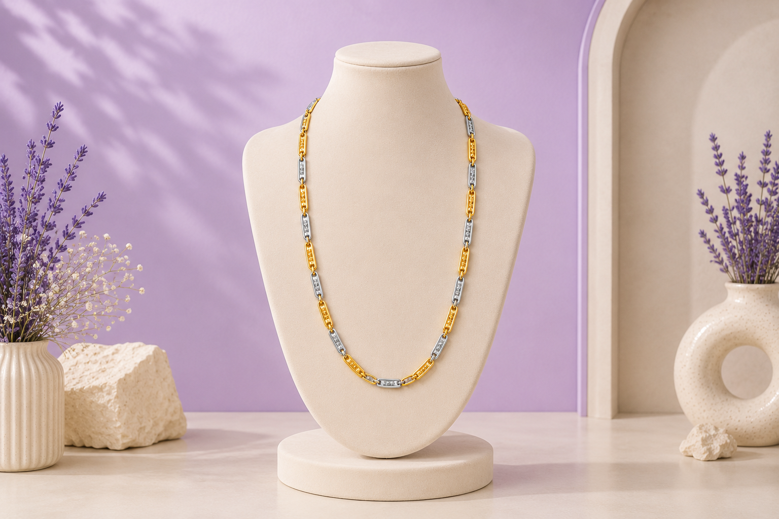 Gold & Silver Dual-Tone Geometric Link Chain Necklace | Sterling Silver