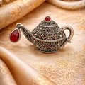 Vintage Teapot Brooch with Red Gemstone Drops