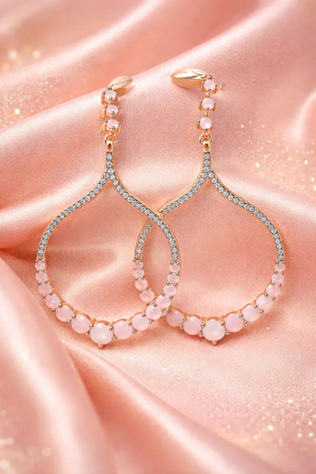 Rose Gold colored Pink Stone Hoop Danglers - Miora
