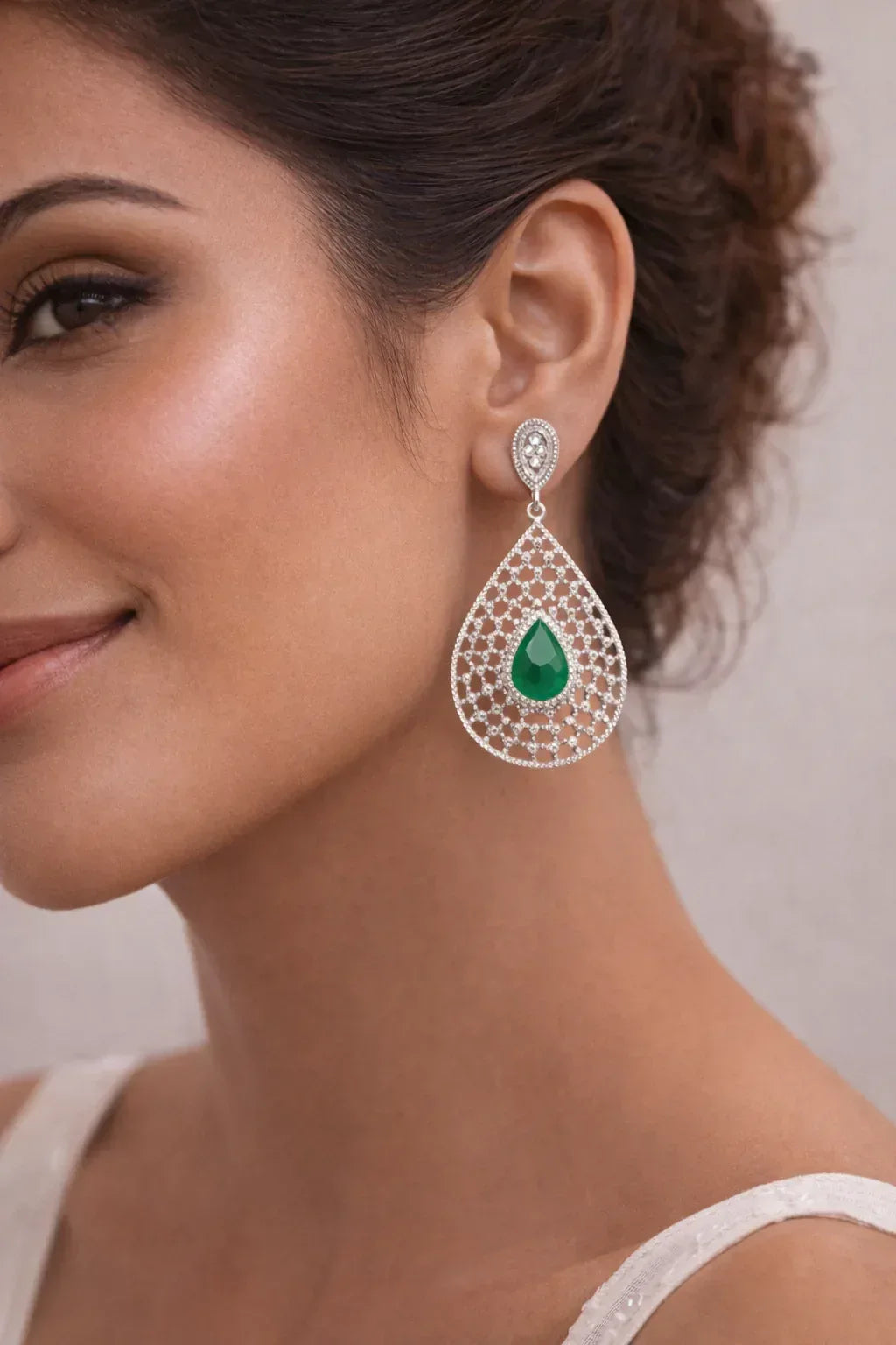 Green Teardrop Stone Chandbali Earrings - Miora