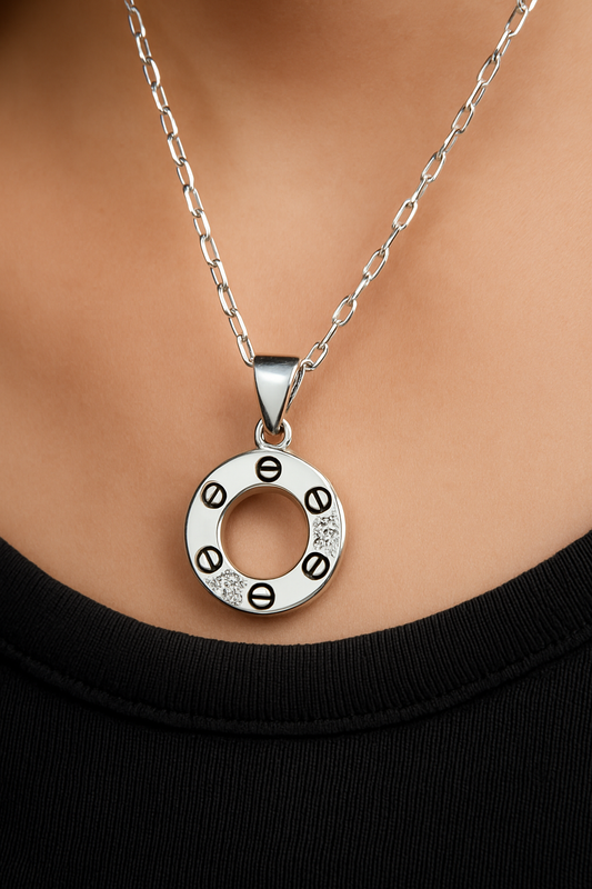 Circular Screw Motif Pendant with CZ Stones | Modern Unisex Minimal Jewelry