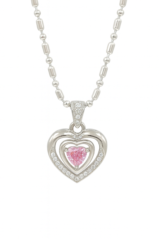 Pink Heart Pendant Necklace | Dual Heart Design with Zircon Sparkle
