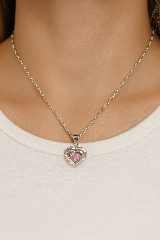 Pink Heart Pendant Necklace | Dual Heart Design with Zircon Sparkle