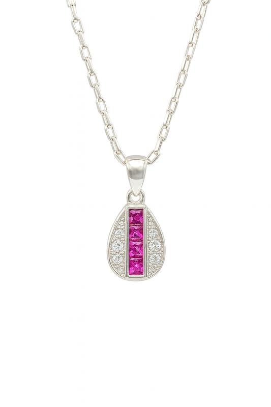 Pink Stone Teardrop Pendant Necklace | Ruby-Inspired Sparkle with Zircon Accents | Elegant Jewelry for Women