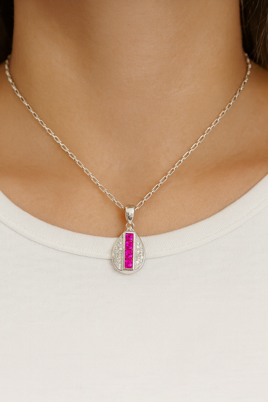 Pink Stone Teardrop Pendant Necklace | Ruby-Inspired Sparkle with Zircon Accents | Elegant Jewelry for Women