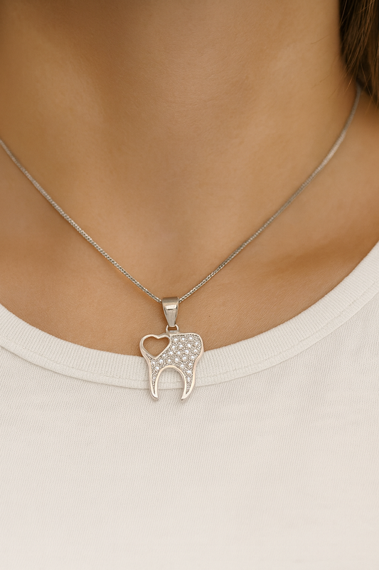 Tooth Pendant Necklace | Sparkling Tooth Design with Heart Detail | Dentist Jewelry Gift for Professionals