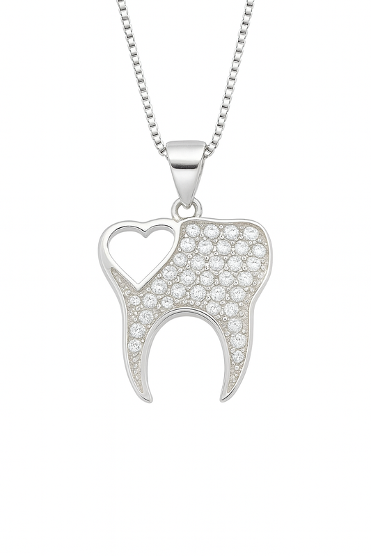 Tooth Pendant Necklace | Sparkling Tooth Design with Heart Detail | Dentist Jewelry Gift for Professionals