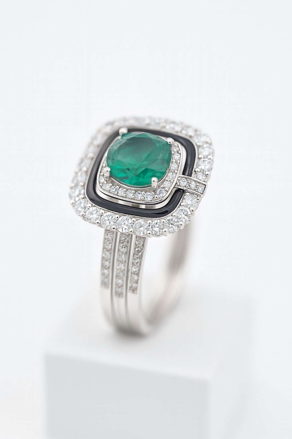 Women Elegant Emerald Green Stone Ring with Black Enamel & CZ