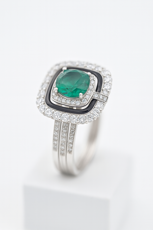 Women Elegant Emerald Green Stone Ring with Black Enamel & CZ