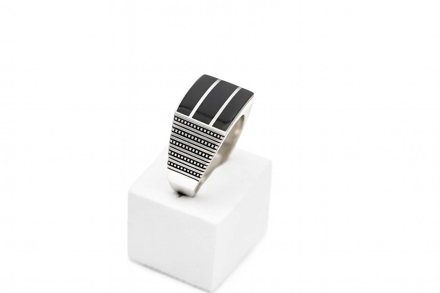Black Onyx Mens Ring | Bold Rectangular Design with Textured Detailing