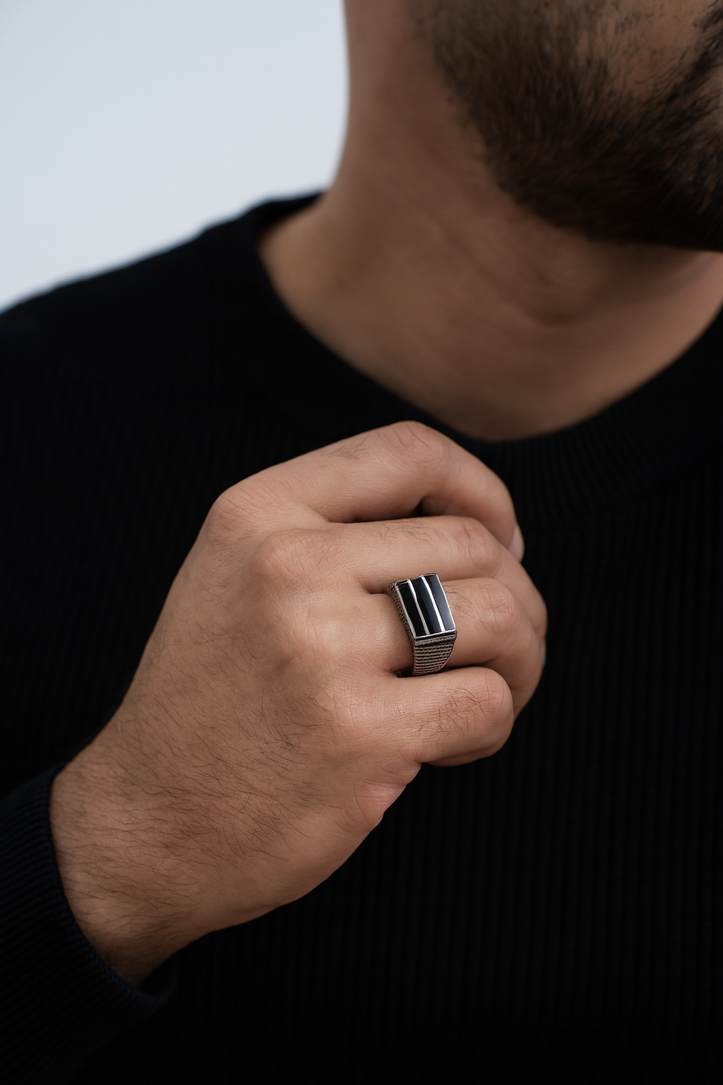 Black Onyx Mens Ring | Bold Rectangular Design with Textured Detailing