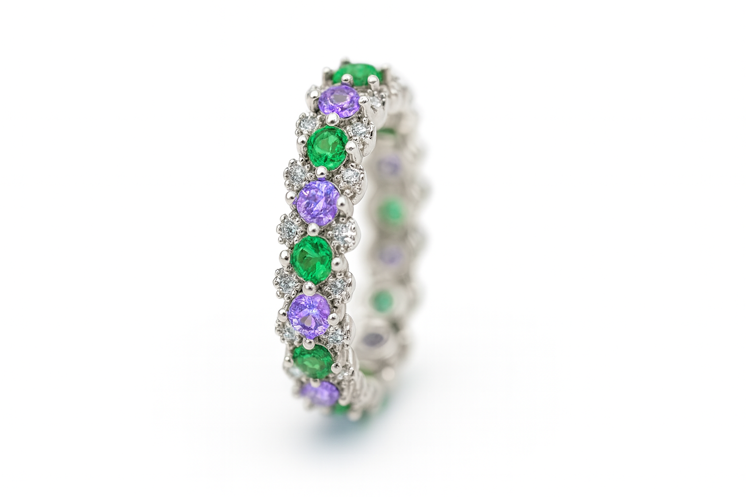 Emerald & Amethyst Sterling Silver Eternity Band Gemstones
